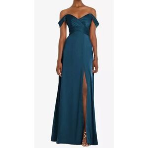 NWT Dessy Dress Size 0 OFF-THE-SHOULDER DRAPED NECKLINE MAXI Atlantic Blue